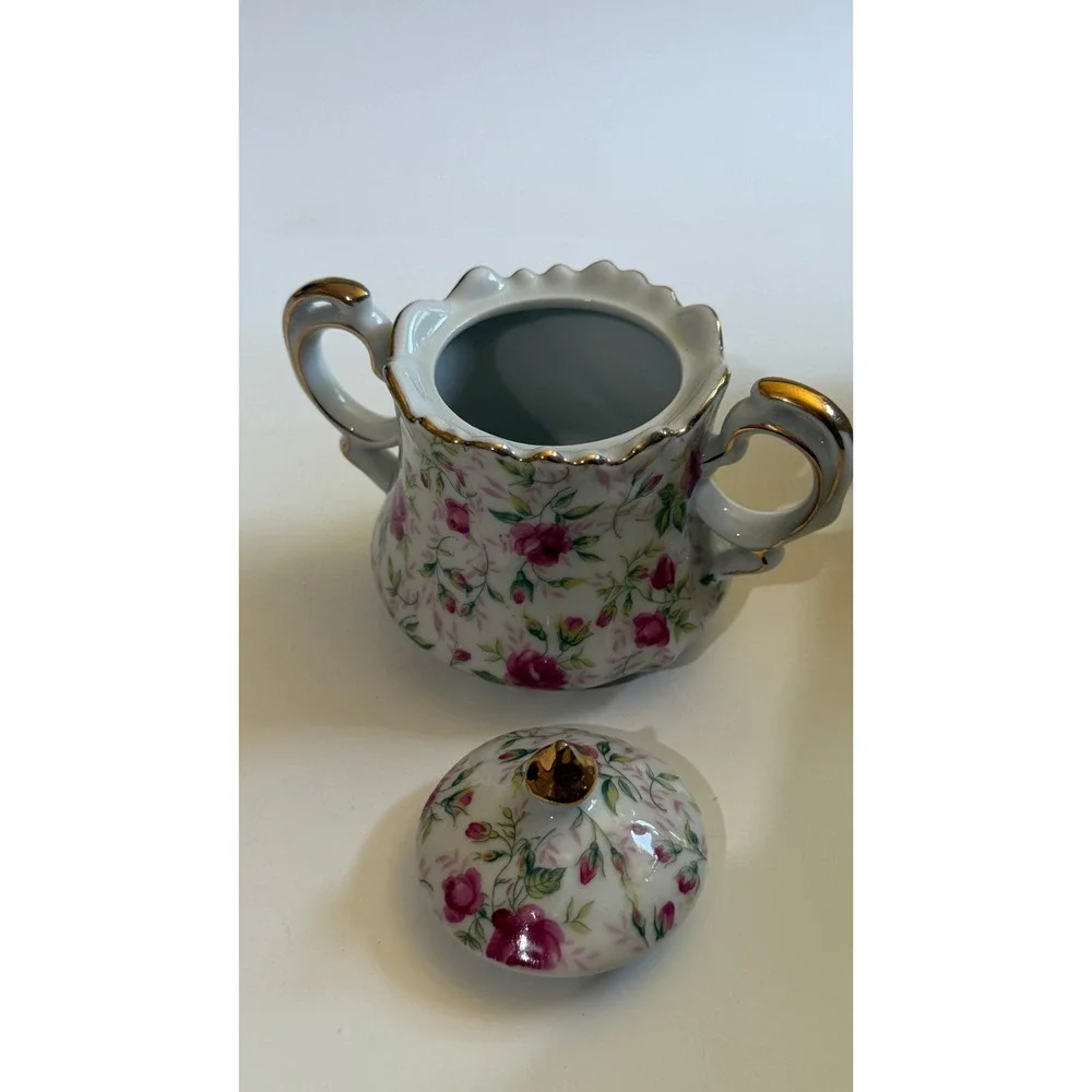 Vintage Lefton China Pink Rose Chintz Teapot Sugar Creamer Set NE661R Japan